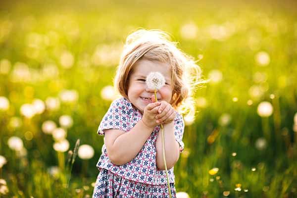 Adorable cute little baby girl blowing on a dandelion flower on the nature in the summer. Happy healthy beautiful toddler child with blowball, having fun. Bright sunset light, active kid