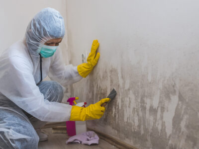 Female worker of cleaning service removes mold from wall using s