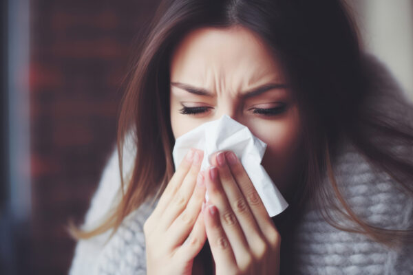 Young woman with the flu, blowing her nose using a tissue, managing symptoms and seeking relief from discomfort during cold or allergy autumn or winter season