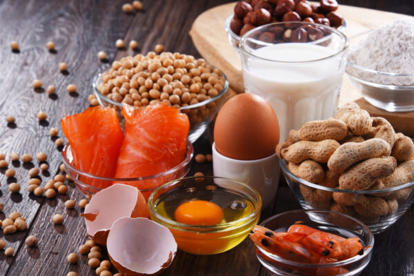 Composition with common food allergens including egg, milk, soy, peanuts, hazelnut, fish, seafood, and wheat flour